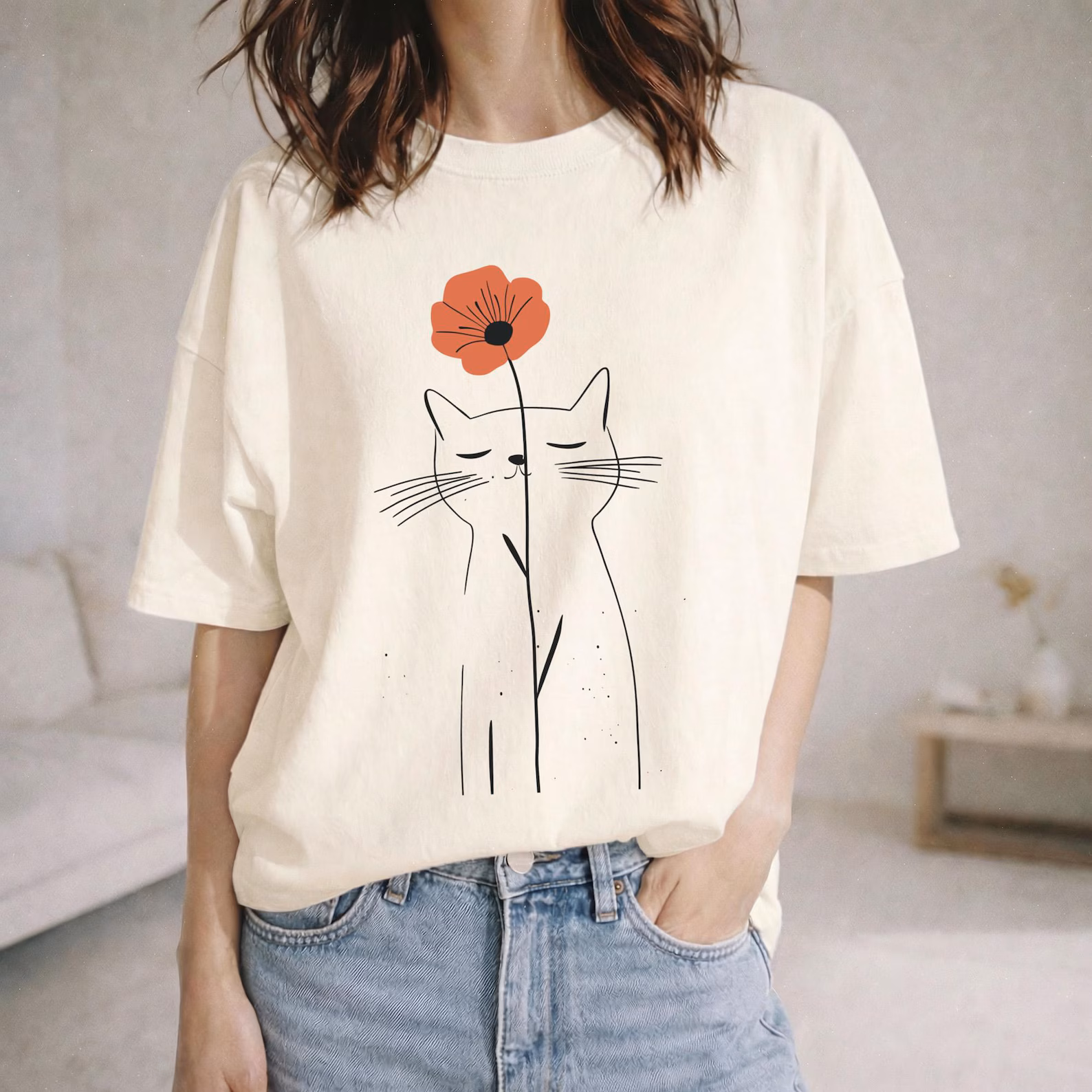 Cute Cat with Flower T-Shirt